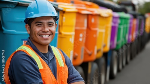 Waste Management Professional: Smiling Worker in Safety Gear next to Recycling Trucks