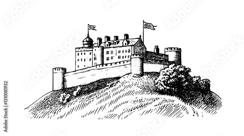 Majestic castle perched on a hilltop, surrounded by flags and greenery, evoking a sense of history and grandeur in a timeless setting