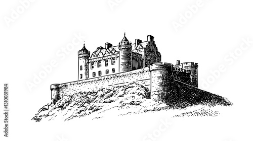 Intricately designed castle perched on a rugged hill with dramatic towers and walls showcasing a timeless architectural style