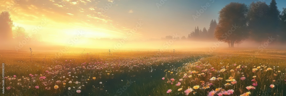 Picturesque morning scene of a flowering meadow shrouded in gentle fog.