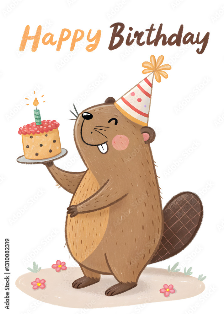 Naklejka premium cute cartoon beaver with wine glass in party hat, happy birthday greeting card