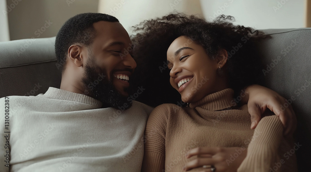 Obraz premium Happy young couple relaxing on a cozy couch, hugging, laughing, and enjoying quality time together. A heartwarming moment of love, romance, and relaxation in a warm and comfortable home setting