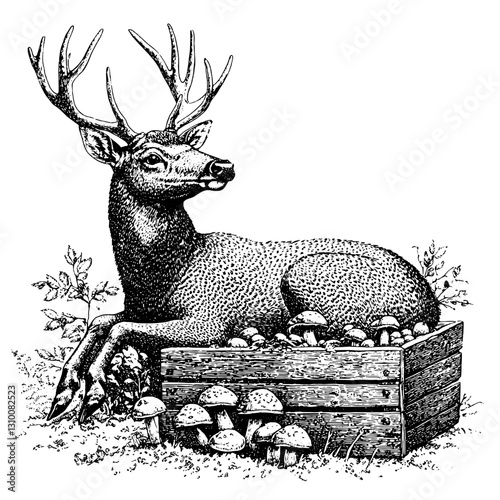 Elegant deer resting on a wooden crate surrounded by mushrooms in a serene forest setting