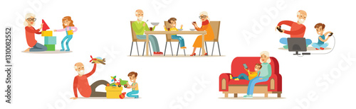 Grandparent with Boy and Girl Kid Spend Time Vector Set