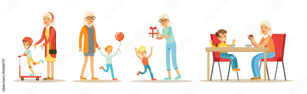 Grandparent with Boy Kid Spend Time Vector Set Grandparent with Boy Kid Spend Time Vector Set