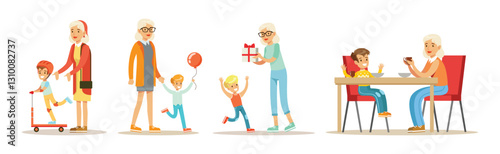 Grandparent with Boy Kid Spend Time Vector Set