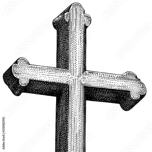 Engraved wooden cross design for tattoo art with intricate details and bold lines in a classic style