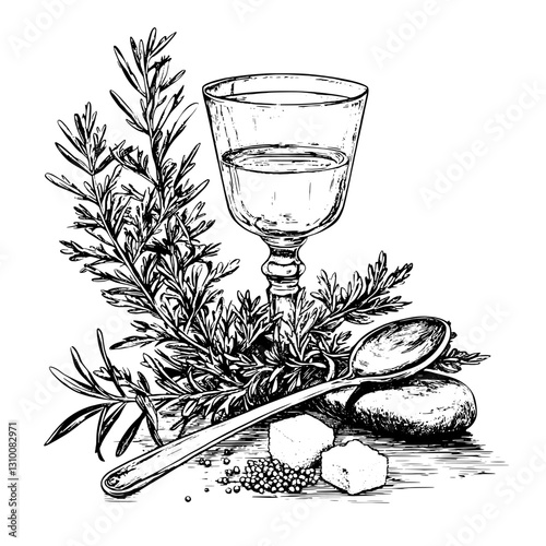 Engraved illustration of a glass of herbal liqueur complemented by aromatic herbs and sugar cubes on a rustic surface
