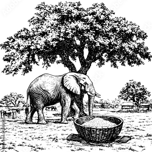 Majestic elephant foraging near a large tree under the warm sun in a serene landscape