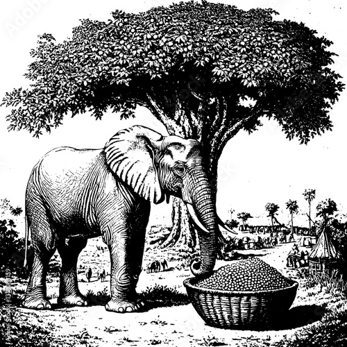 Majestic elephant stands beneath a towering tree, feasting on a basket of fruits in a lush landscape filled with life