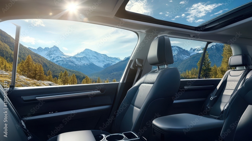 Scenic mountain backdrop viewed from the contemporary interior of an electric vehicle.