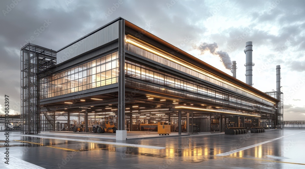 Modern exterior aesthetic of a factory workshop and office building.