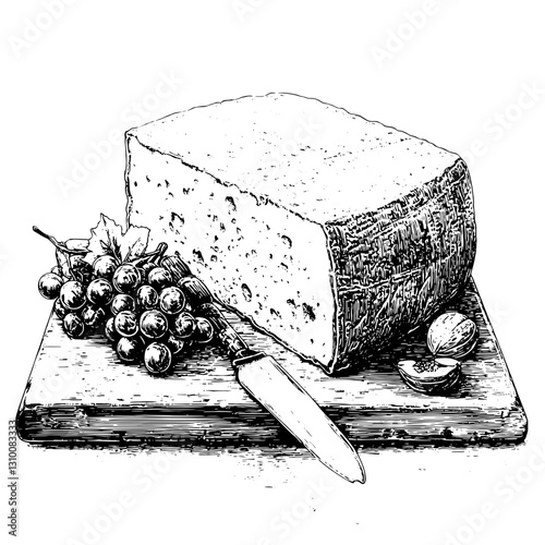Artistic engraving of a cheese block accompanied by grapes and a knife resting on a wooden board