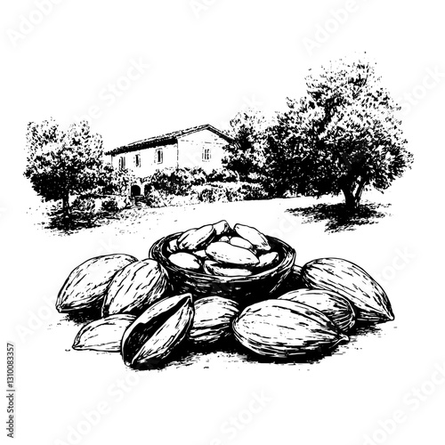 Engraved illustration of almonds and a rustic farmhouse surrounded by nature