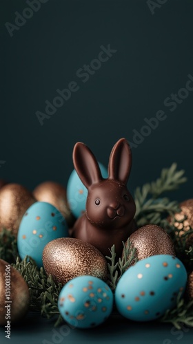 Chocolate bunny surrounded by decorative eggs during a festive spring celebration