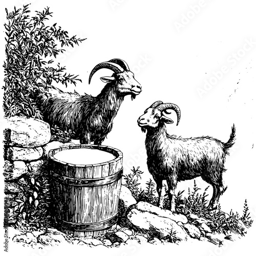 Engraved vector illustration of two goats by a wooden barrel in a tranquil rural setting depicting a harmonious outdoor lifestyle