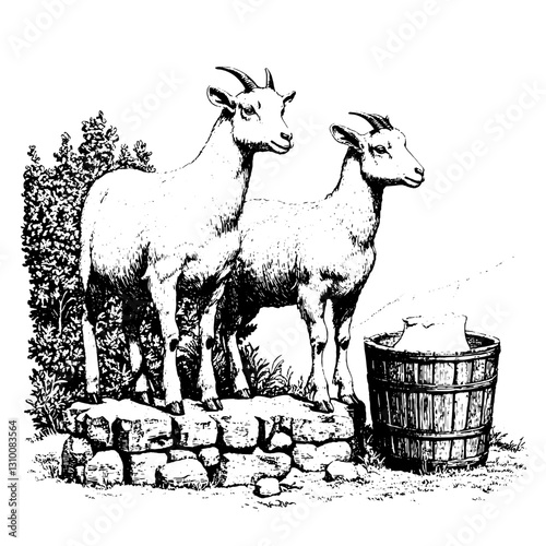 Engraved illustration of goats beside a wooden bucket and stone wall in a pastoral landscape setting