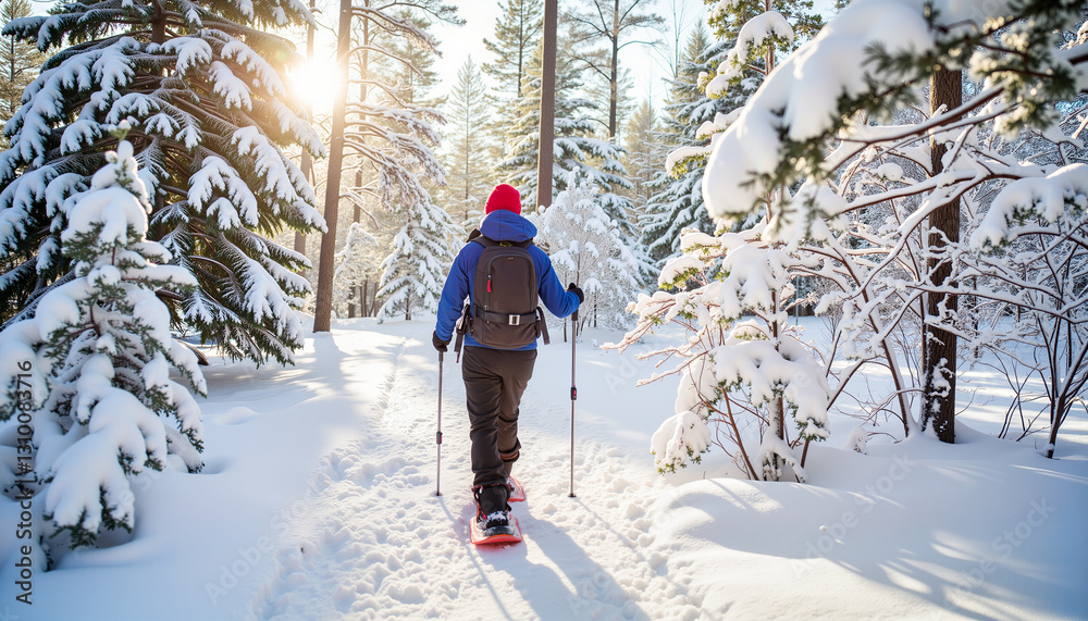 Snowshoer exploring snowy forest path in winter setting, adventure Snowshoer exploring snowy forest path in winter setting, adventure