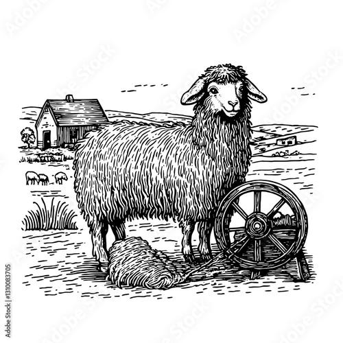 Engraved illustration of a sheep and wool wheel in a serene rural landscape capturing artisanal craftsmanship and pastoral beauty