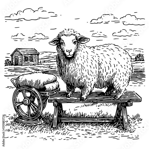 Sheep standing proudly on a wooden bench beside a wheelbarrow in a serene countryside setting with rolling hills and clouds
