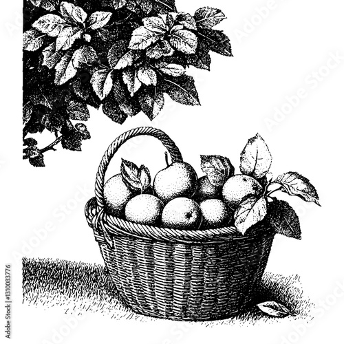 Intricate engraved art capturing a woven basket filled with ripe oranges beneath a leafy branch in a serene natural setting