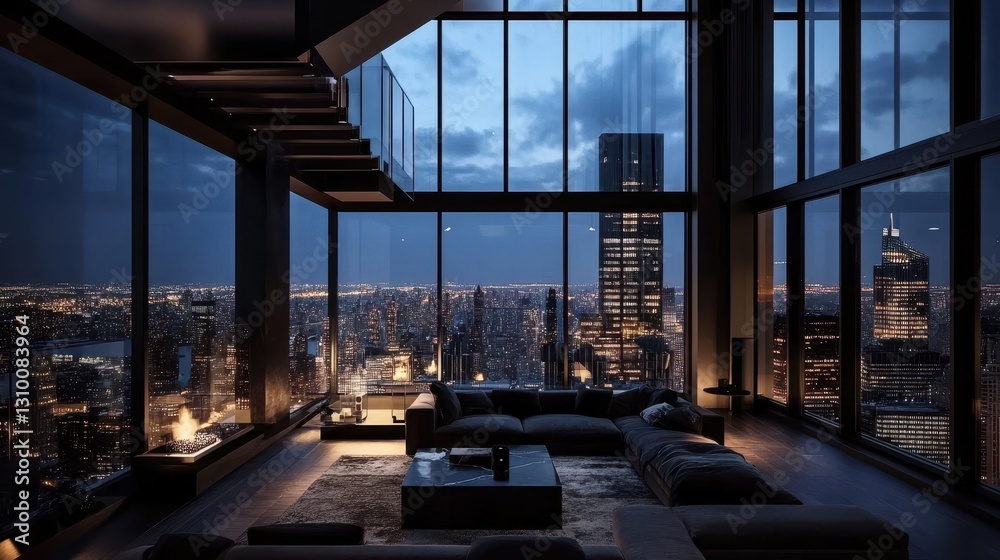 Elegant furnishings enhance the ambiance of a nighttime penthouse.
