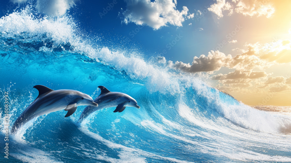 Obraz premium Playful dolphins leaping over ocean waves in tropical waters, showcasing marine wildlife, aquatic freedom, and nature’s beauty in a dynamic seascape