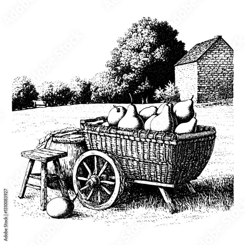 Basket filled with ripe pears resting beside a quaint countryside cottage in a sunlit rural landscape