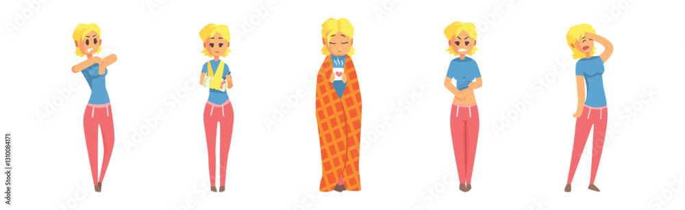 Sick Woman Character Feel Unwell Suffer from Disease Symptom Vector Set Sick Woman Character Feel Unwell Suffer from Disease Symptom Vector Set