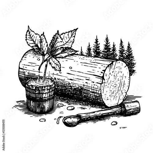 Engraved illustration of a young plant sprouting from a pot beside a log with nature elements in a rustic forest setting