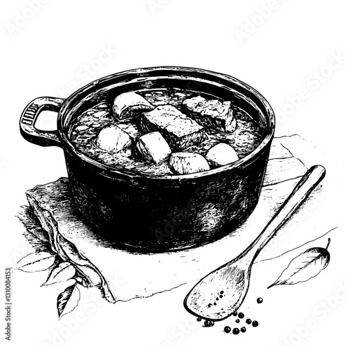 Deliciously crafted engraved illustration of a hearty stew in a pot with rustic kitchen elements