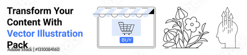 Shopping cart under store awning, blossoming flowers, and head with creative arrows. Ideal for e-commerce, creativity, growth, innovation, digital marketing, online shopping flat landing page banner