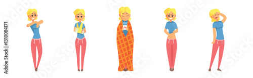 Sick Woman Character Feel Unwell Suffer from Disease Symptom Vector Set