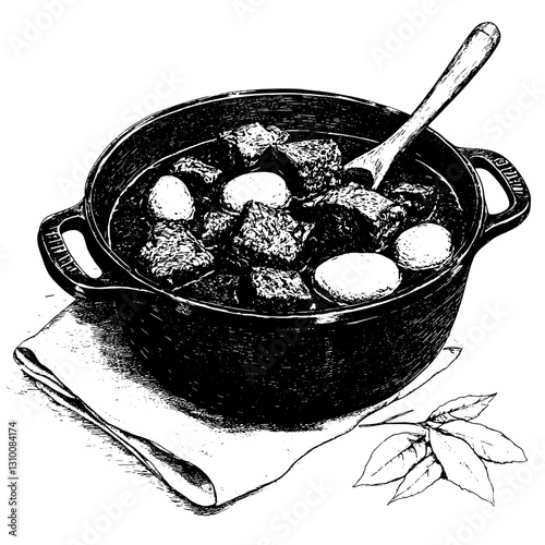 Intricately engraved illustration of hearty stew with tender meat, potatoes, and eggs on rustic table setting