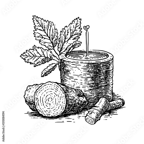 Engraved illustration of a serene candle made from natural materials with ginger roots beside it, emanating tranquility