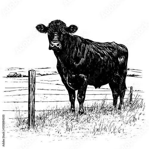 Engraved illustration of a majestic black cow standing gracefully in a pasture setting during a serene afternoon