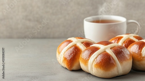 Warm hot cross buns served with a steaming cup of tea on a gray surface in a cozy setting