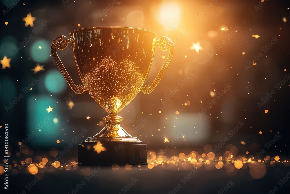 Celebrating achievement with a radiant golden trophy and stars.