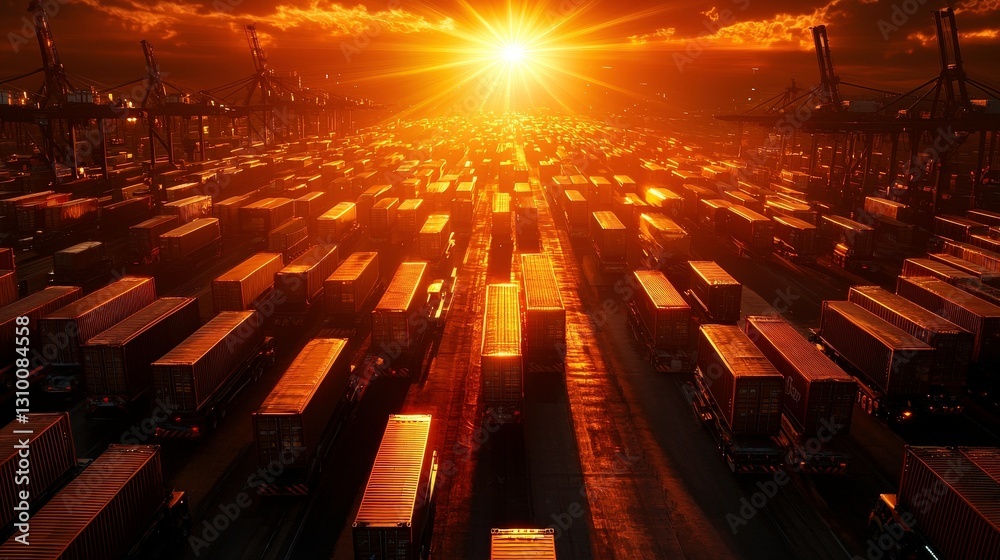 Obraz premium sprawling freight hub with rows of trucks and cargo containers at sunset, creating dramatic and vibrant scene