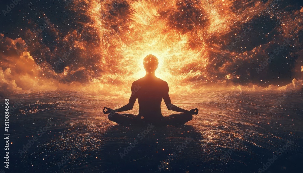 Meditative pose captured against a stunning cosmic backdrop.