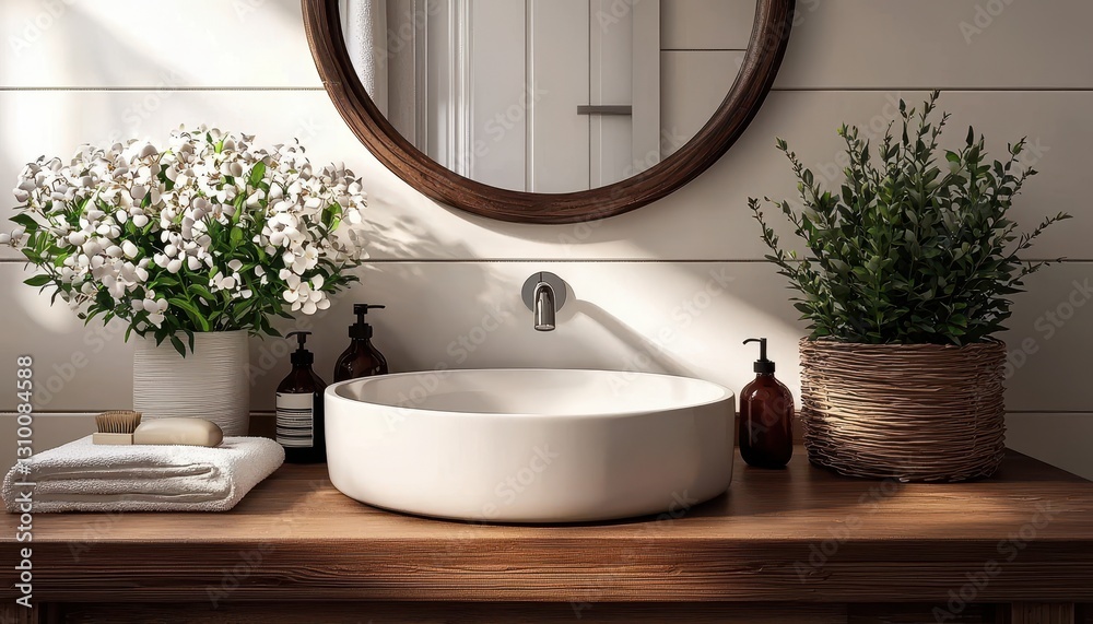 A stylish Scandinavian bathroom showcasing a modern white sink.