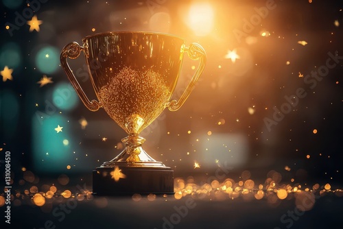 Obraz na płótnie Celebrating achievement with a radiant golden trophy and stars. w salonie