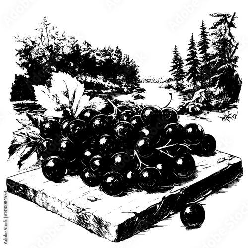 Grapes resting on a rustic table with a serene landscape in the background evoke nature's bounty and artisanal beauty