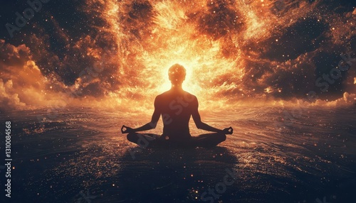 Obraz na płótnie Meditative pose captured against a stunning cosmic backdrop. w salonie