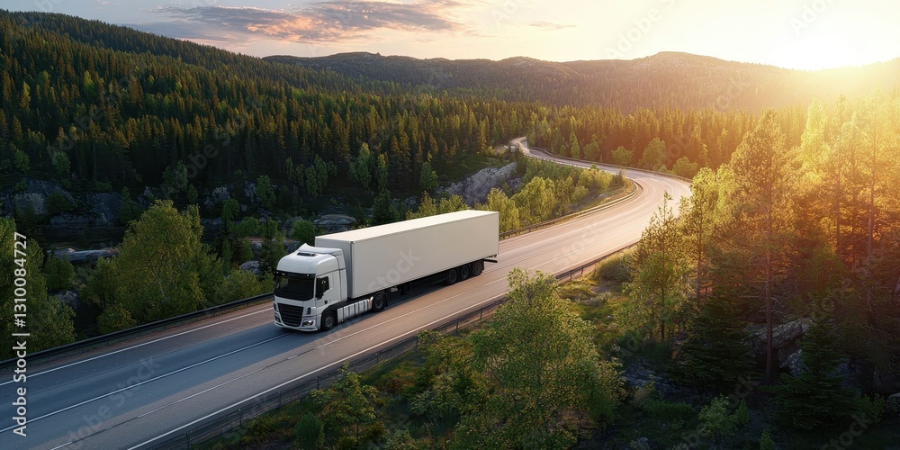 A white truck travels along a winding highway through a lush forest.