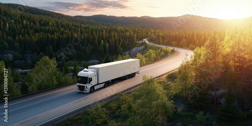 Obraz na płótnie A white truck travels along a winding highway through a lush forest. w salonie