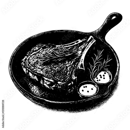 Detailed engraving of a juicy steak on skillet with herbs and spices showcasing culinary artistry and gourmet preparation