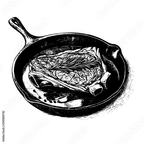 Engraved black and white illustration of a delicious steak resting in a cast iron skillet with fresh herbs