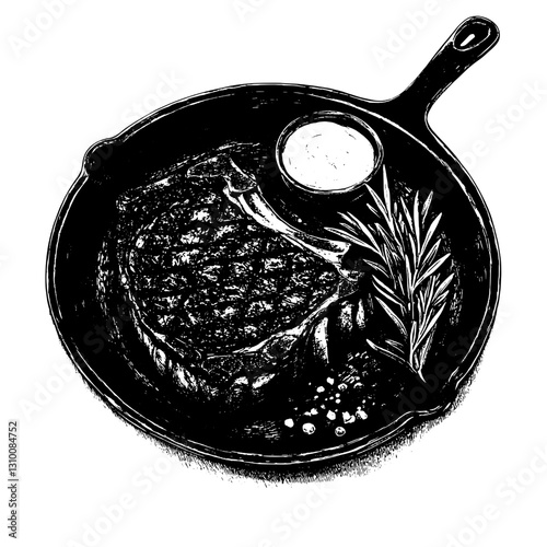 Engraved illustration of a savory skillet steak with herbs and sauce served on a rustic table setting