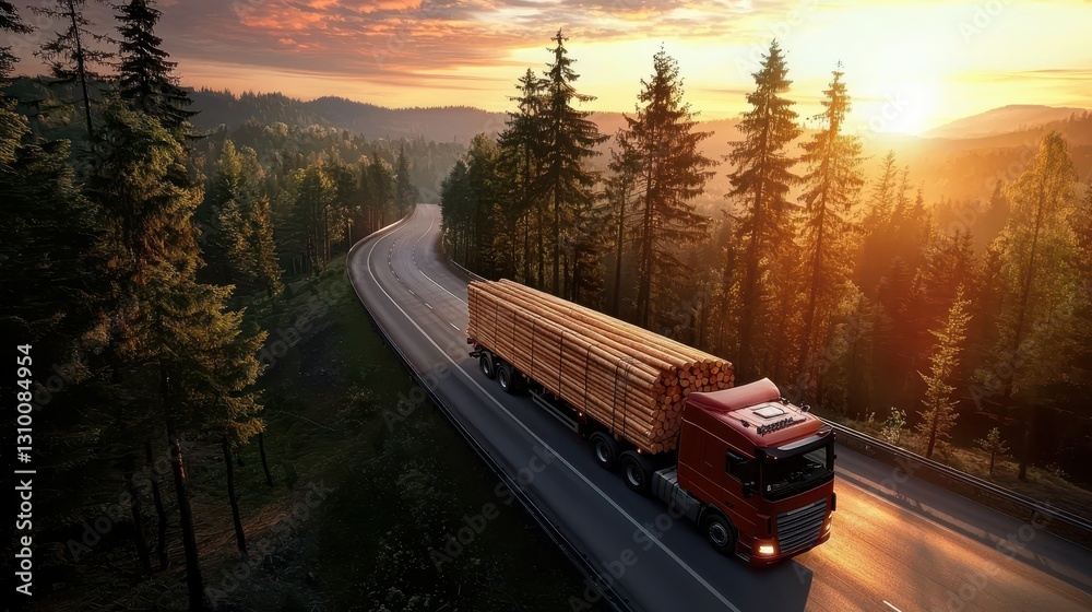Aerial View of Logging Truck with Timber in Sunset